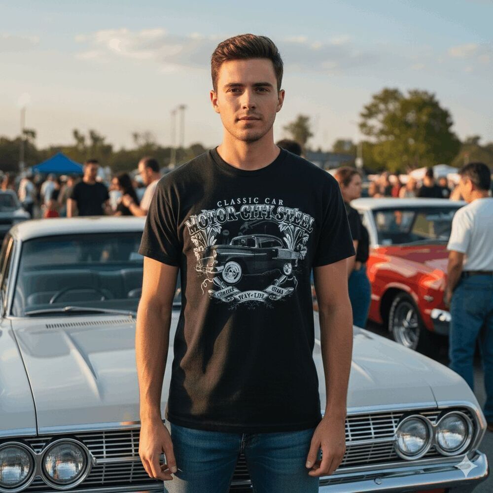 VTG Motor City Steel Shirt Mens XL Black Classic Car Detroit Hot Rod Graphic Y2K